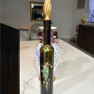 Decorative Olive Glass Bottle with Hand-Painted Green Grape Motif